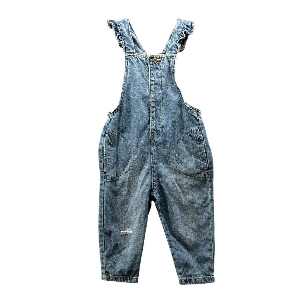 Zara Baby Girls 18-24M Denim Overalls Ruffle Distressed Relaxed